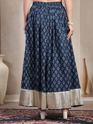 Blue floral printed cotton flared maxi skirt for women 3