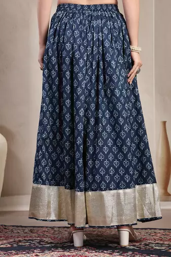 Blue floral printed cotton flared maxi skirt for women