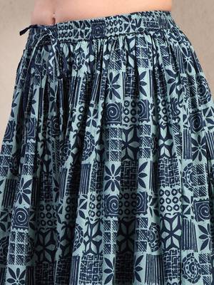 Blue floral printed cotton flared maxi skirt for women 4