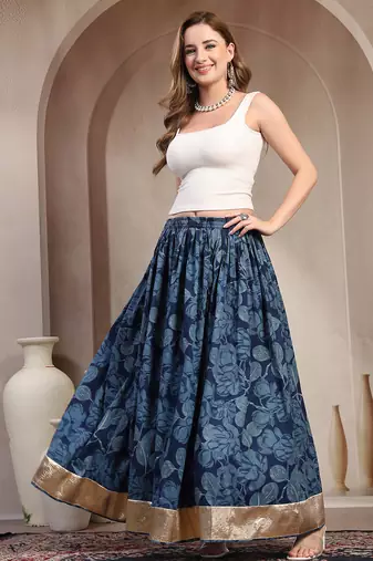 Blue floral printed cotton flared maxi skirt for women