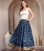 Blue floral printed cotton flared maxi skirt for women