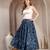 Blue floral printed cotton flared maxi skirt for women