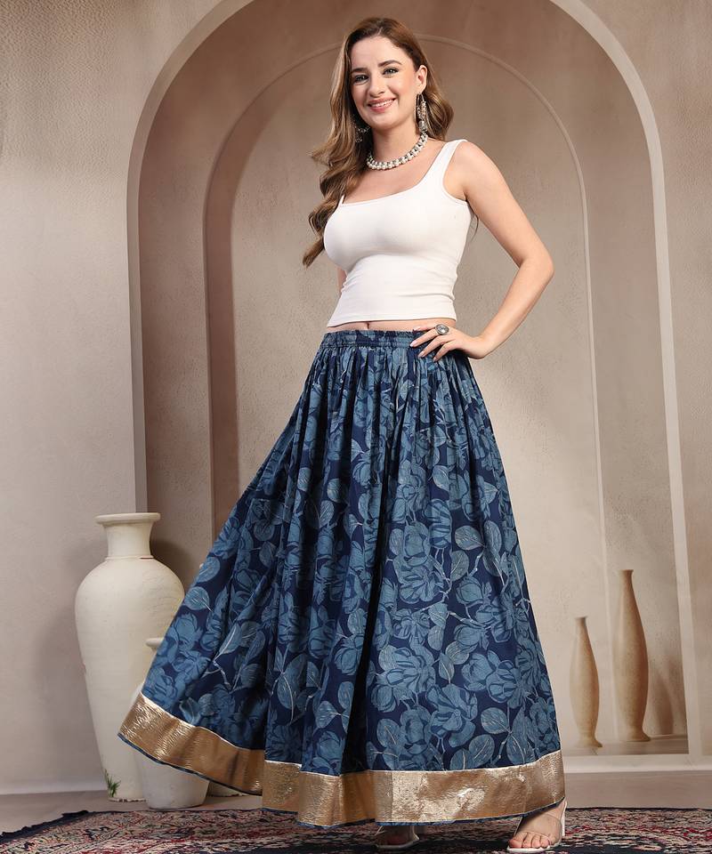 Blue floral printed cotton flared maxi skirt for women