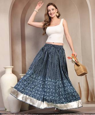 Blue floral printed cotton flared maxi skirt for women 5