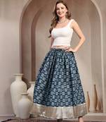Blue graphic printed cotton flared maxi skirt for women