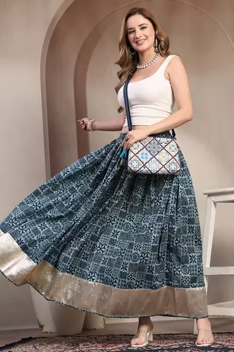 Blue floral printed cotton flared maxi skirt for women
