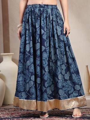 Blue floral printed cotton flared maxi skirt for women 2