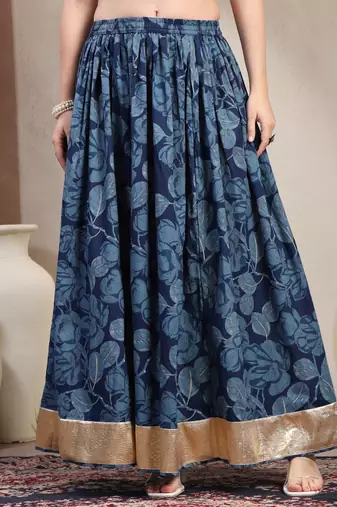Blue floral printed cotton flared maxi skirt for women