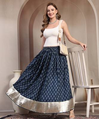 Blue floral printed cotton flared maxi skirt for women 5