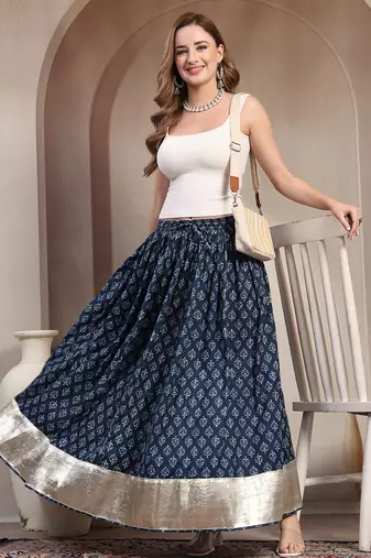 Blue floral printed cotton flared maxi skirt for women