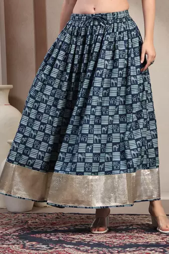 Blue graphic printed cotton flared maxi skirt for women