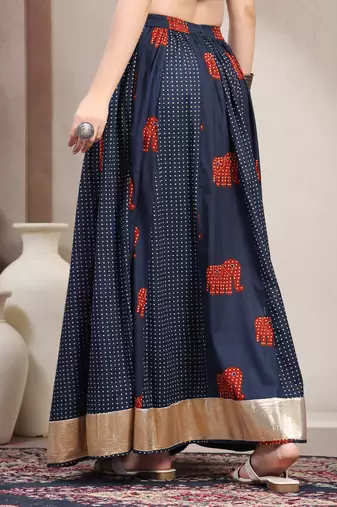 Multicolor graphic printed cotton flared maxi skirt for women