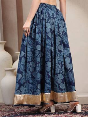 Blue floral printed cotton flared maxi skirt for women 3