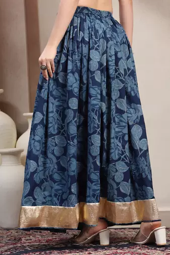 Blue floral printed cotton flared maxi skirt for women