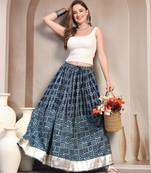 Blue floral printed cotton flared maxi skirt for women