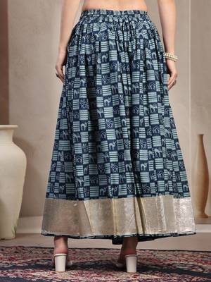 Blue graphic printed cotton flared maxi skirt for women 3
