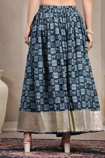 Blue graphic printed cotton flared maxi skirt for women