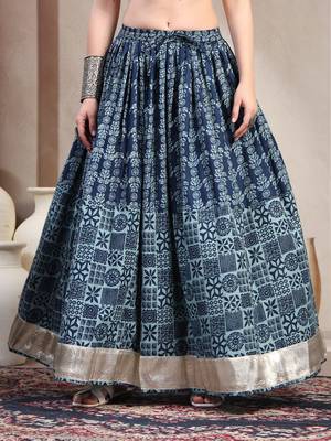 Blue floral printed cotton flared maxi skirt for women 2