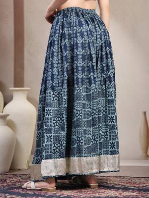 Blue floral printed cotton flared maxi skirt for women 3