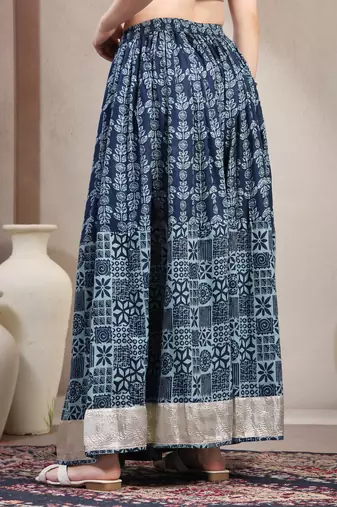 Blue floral printed cotton flared maxi skirt for women