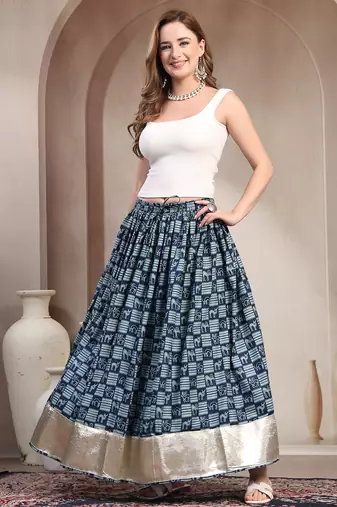 Blue graphic printed cotton flared maxi skirt for women