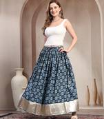 Blue graphic printed cotton flared maxi skirt for women