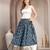 Blue graphic printed cotton flared maxi skirt for women