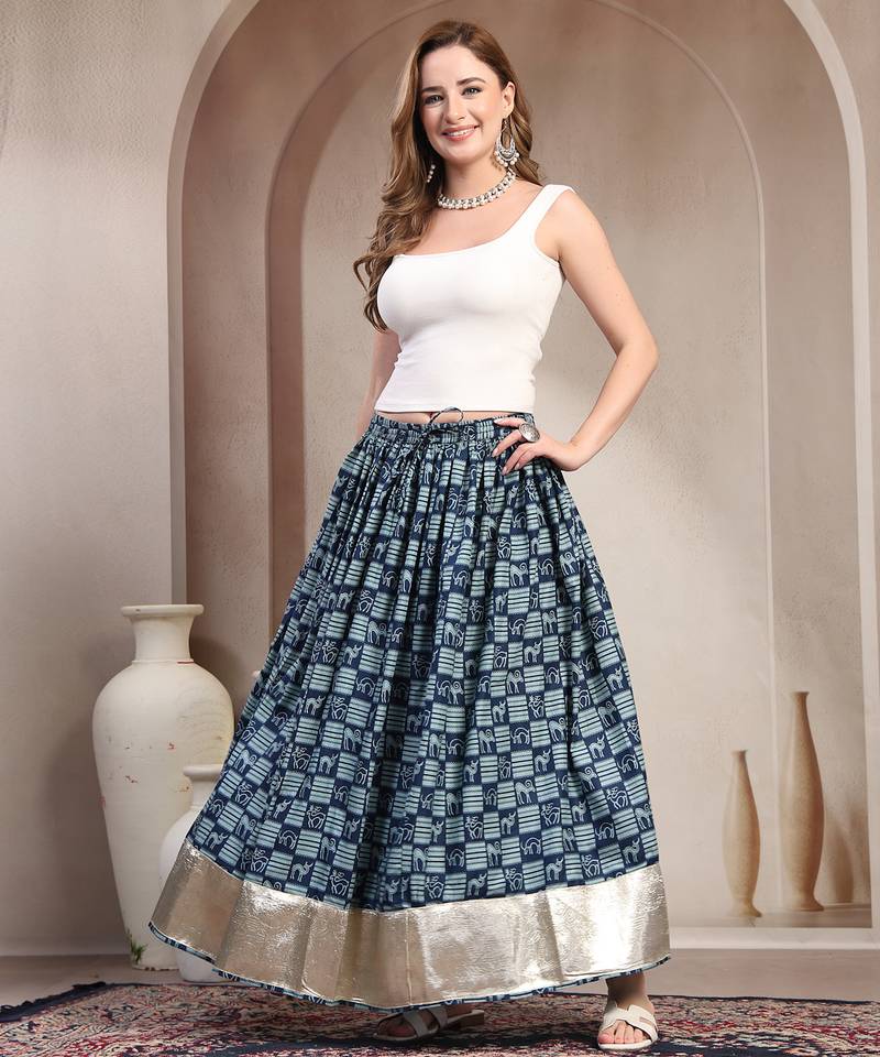 Blue graphic printed cotton flared maxi skirt for women