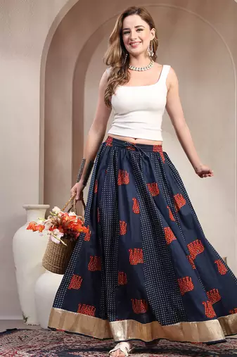 Multicolor graphic printed cotton flared maxi skirt for women