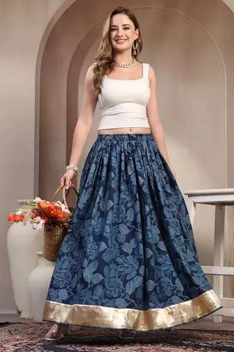 Blue floral printed cotton flared maxi skirt for women