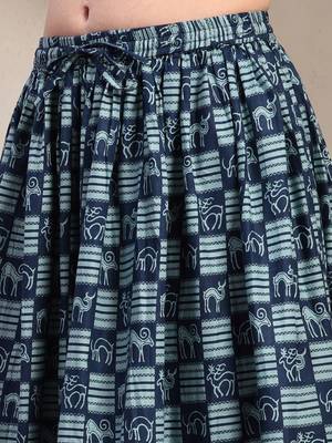Blue graphic printed cotton flared maxi skirt for women 4