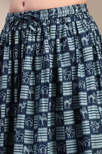 Blue graphic printed cotton flared maxi skirt for women