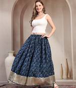 Blue graphic printed cotton flared maxi skirt for women