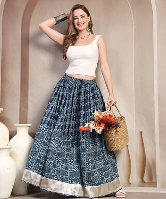 Blue floral printed cotton flared maxi skirt for women 5