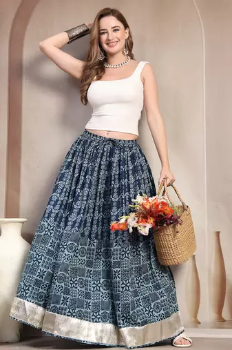 Blue floral printed cotton flared maxi skirt for women