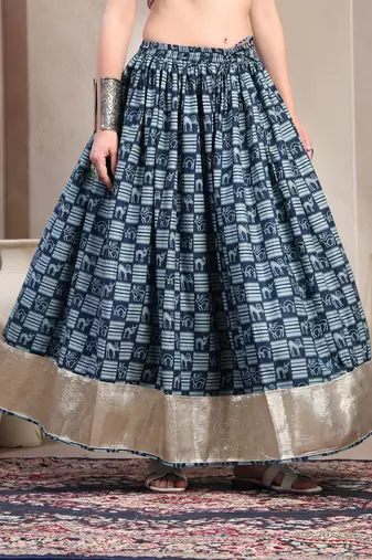Blue graphic printed cotton flared maxi skirt for women