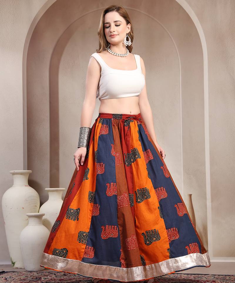 Multicolor color blocked cotton flared maxi skirt for women