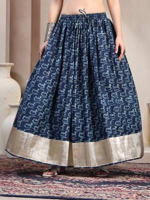 Blue graphic printed cotton flared maxi skirt for women 2