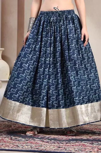 Blue graphic printed cotton flared maxi skirt for women