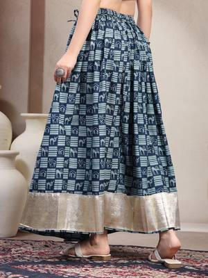 Blue graphic printed cotton flared maxi skirt for women 3