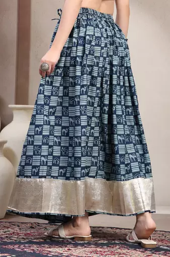 Blue graphic printed cotton flared maxi skirt for women