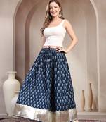 Blue graphic printed cotton flared maxi skirt for women