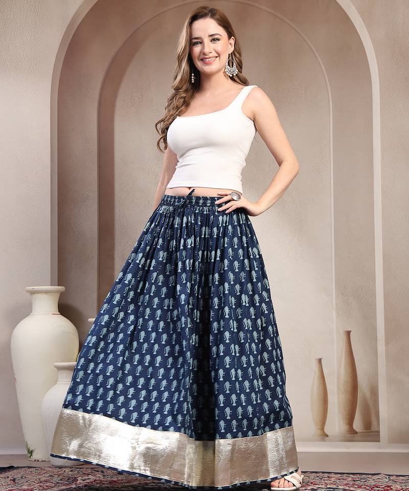 Blue graphic printed cotton flared maxi skirt for women