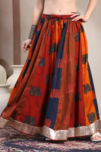 Multicolor color blocked cotton flared maxi skirt for women