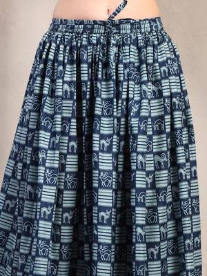 Blue graphic printed cotton flared maxi skirt for women 4