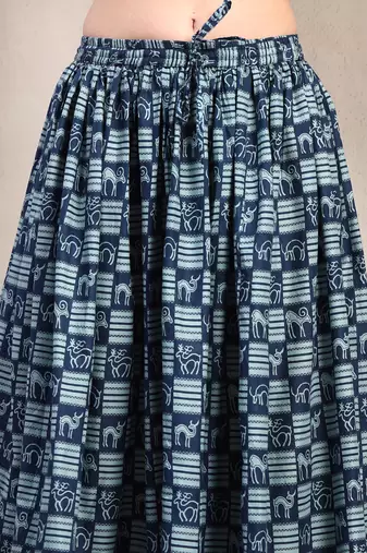 Blue graphic printed cotton flared maxi skirt for women