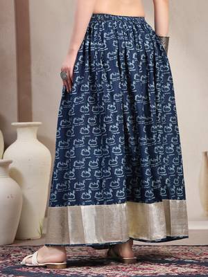 Blue graphic printed cotton flared maxi skirt for women 3