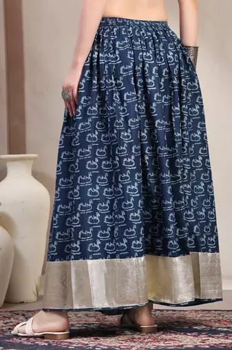 Blue graphic printed cotton flared maxi skirt for women
