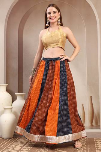 Multicolor color blocked cotton flared maxi skirt for women