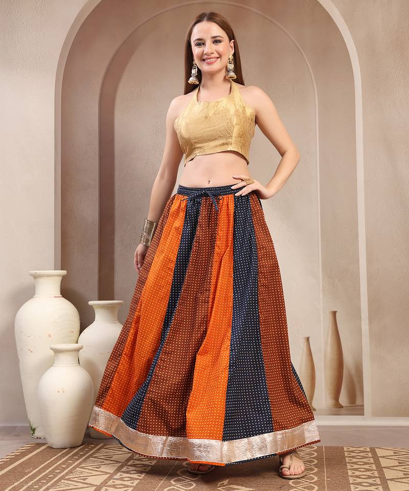 Multicolor color blocked cotton flared maxi skirt for women